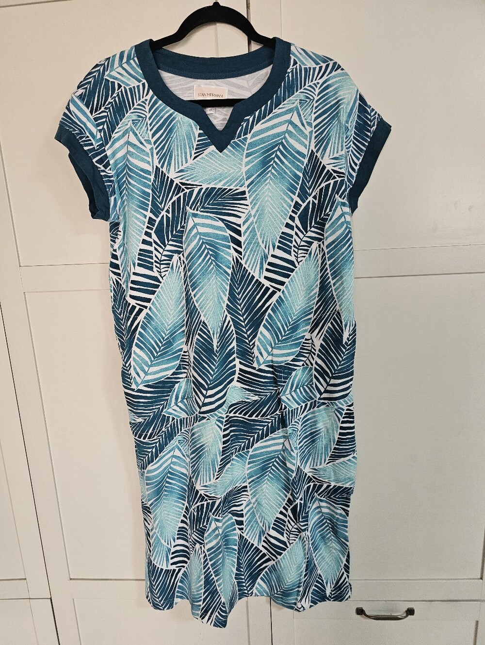 Stan Herman Petite XS Teal Leaf Print Pajama Lounge Dress Caftan Pockets PXS